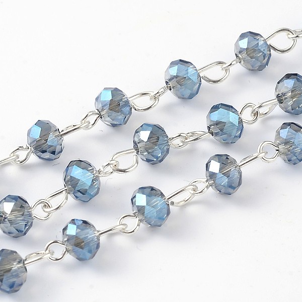

PandaHall Handmade Electroplate Glass Faceted Rondelle Beads Chains for Necklaces Bracelets Making, with Silver Color Plated Brass Eye Pin..., Blue