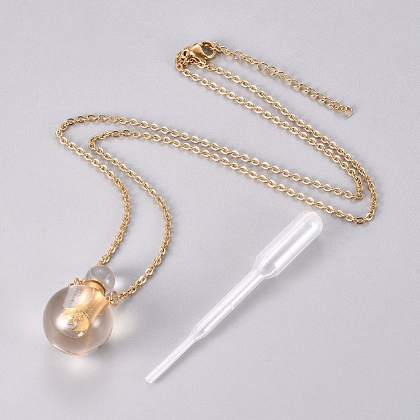 

PandaHall Natural Quartz Crystal Openable Perfume Bottle Pendant Necklaces, with Stainless Steel Cable Chain and Plastic Dropper, Round...