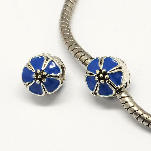 

PandaHall Alloy Enamel Flower Large Hole Style European Beads, Antique Silver, Royal Blue, 10x11mm, Hole: 4mm Alloy+Enamel Flower Blue