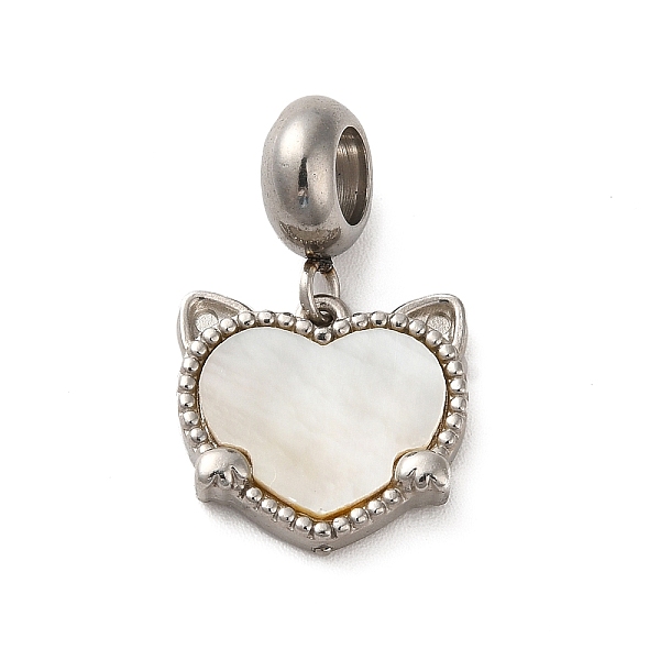 

PandaHall 304 Stainless Steel European Dangle Charms, Large Hole Pendants with Heart Shaped White Shell, Cat Head, Stainless Steel Color...