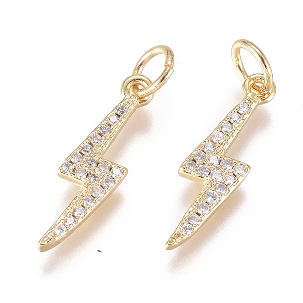 

PandaHall Brass Micro Pave Cubic Zirconia Pendants, Long-Lasting Plated, with Jump Ring, Lightning, Clear, Golden, 17.5x6x2mm, Hole: 1.8mm...