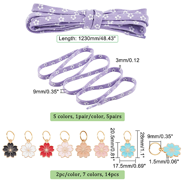

PandaHall CHGCRAFT 24Pcs 5 Colors Polyester Cherry Blossom Shoe Laces 14Pcs Metal Enamel Shoe Charms 5 Pairs Decoration Shoelaces Tie Floral..., Multicolor