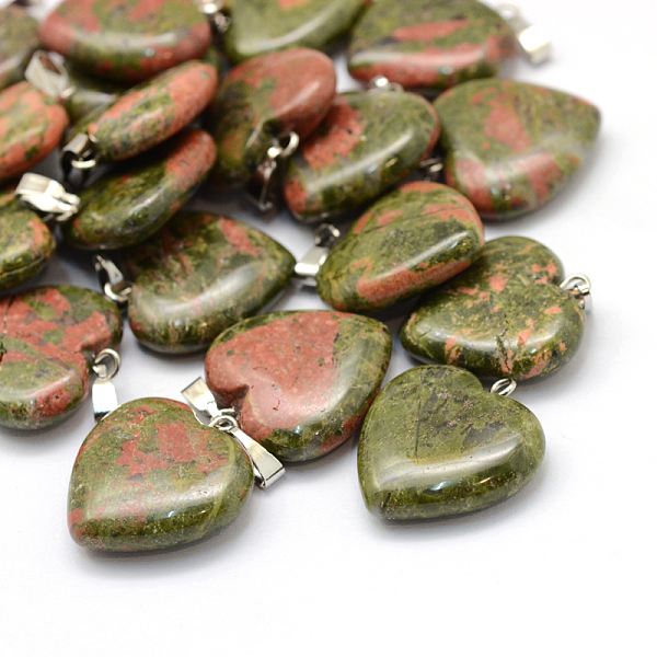 

PandaHall Heart Natural Unakite Pendants, with Platinum Tone Brass Findings, 20~22x20~21x5~8mm, Hole: 2x7mm Unakite Heart