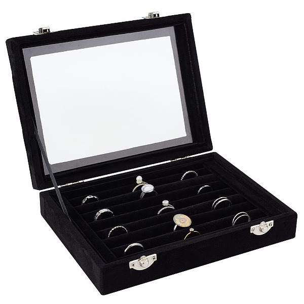 PandaHall 8 Slot Velvet Jewelry Ring Presentation Boxes, Glass Visible Window Finger Ring Organizer Case with Platinum Tone Alloy Clasps...