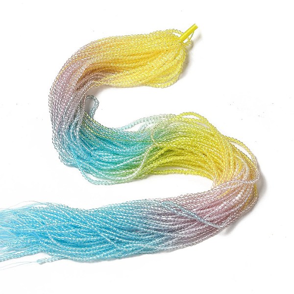 

PandaHall Transparent Gradient Color Glass Beads Strands, Faceted Round, Yellow & Thistle & Cyan, 2mm, Hole: 0.8mm, about 184~187pcs/strand...