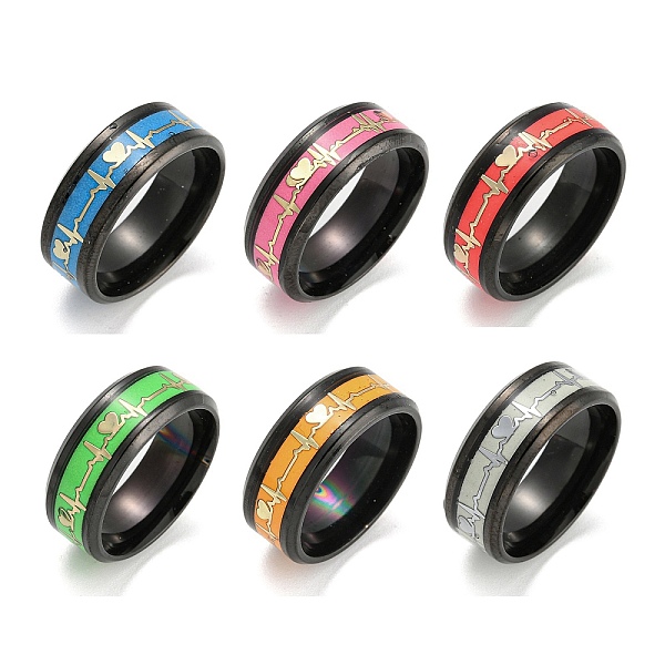 

PandaHall 304 Stainless Steel Luminous Finger Rings, Heartbeat Enamel Glow in the Dark Wide Band Ring, Mixed Color, US Size 8(18.1mm), 8mm..., Multicolor