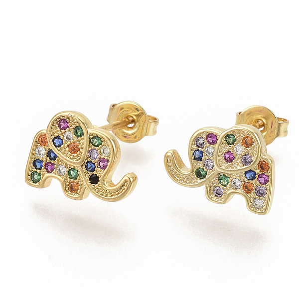 

PandaHall Brass Micro Pave Colorful Cubic Zirconia Stud Earrings, with Earring Backs, Elephant, Real 16K Gold Plated, 9x12mm, Pin: 0.7mm...
