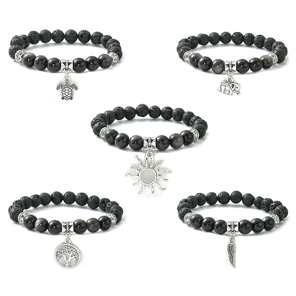 

PandaHall Natural Lava Rock & Silver Obsidian Beaded Stretch Bracelet with Alloy Charms, Mixed Shapes, Inner Diameter: 2-1/8 inch(5.4cm)...