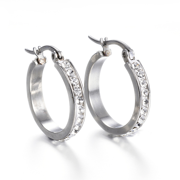 PandaHall 304 Stainless Steel Hoop Earrings, with Polymer Clay and Rhinestone, Oval, Stainless Steel Color, 22x21x3.5mm, Pin: 1x0.8mm...