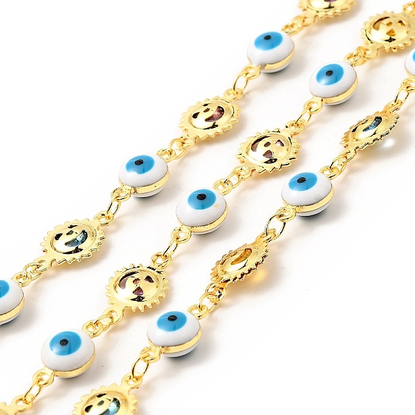 

PandaHall Enamel Evil Eye & Sun Link Chains, with Real 18K Gold Plated Brass Findings, Soldered, with Spools, Deep Sky Blue, 12x6.5x5mm..., White