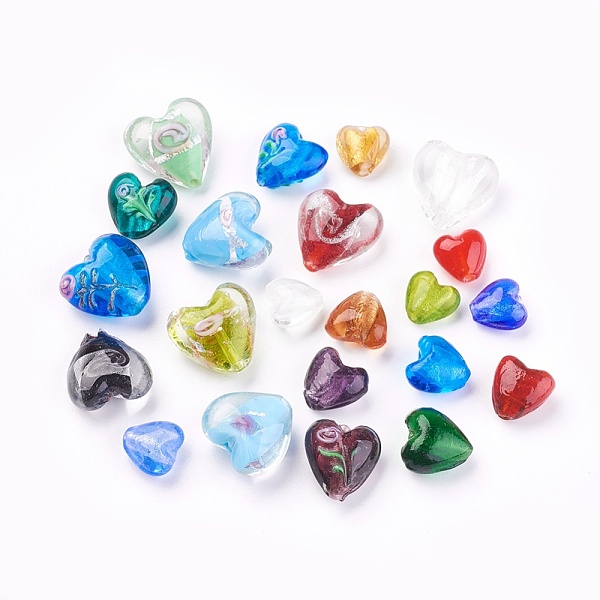 

PandaHall Handmade Silver Foil Glass Beads, Heart, Mixed Style, Mixed Color, 12~20x12~21x8~13.5mm, Hole: 1.5~2mm Silver Foil Heart..., Multicolor