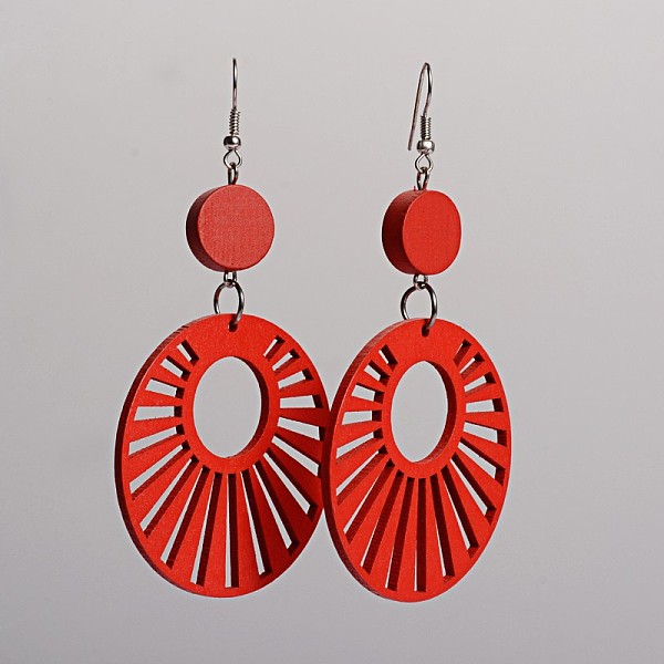 

PandaHall Trendy Flat Round Wood Dangle Earrings, with Platinum Plated Iron Earring Hooks, Red, 90.5x49mm, Pin: 0.8mm Wood Red