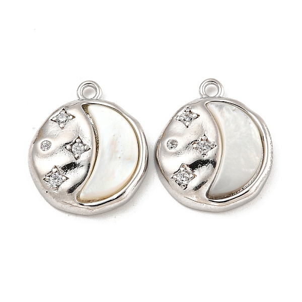 

PandaHall Brass Micro Pave Clear Cubic Zirconia Pendants, with White Shell, Flat Round Charms, Real Platinum Plated, 15.8x13.5x3mm, Hole...