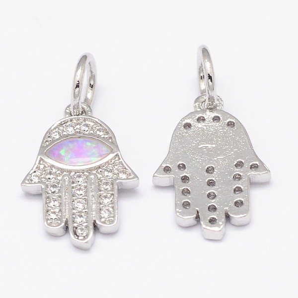 

PandaHall Brass Micro Pave Cubic Zirconia Charms, with Synthetic Opal, Hamsa Hand/Hand of Fatima/Hand of Miriam with Horse Eye, Pink...