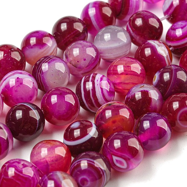 

PandaHall Natural Striped Agate/Banded Agate Bead Strands, Round, Grade A, Dyed & Heated, Deep Pink, 10mm, Hole: 1mm, about 37pcs/strand, 15...