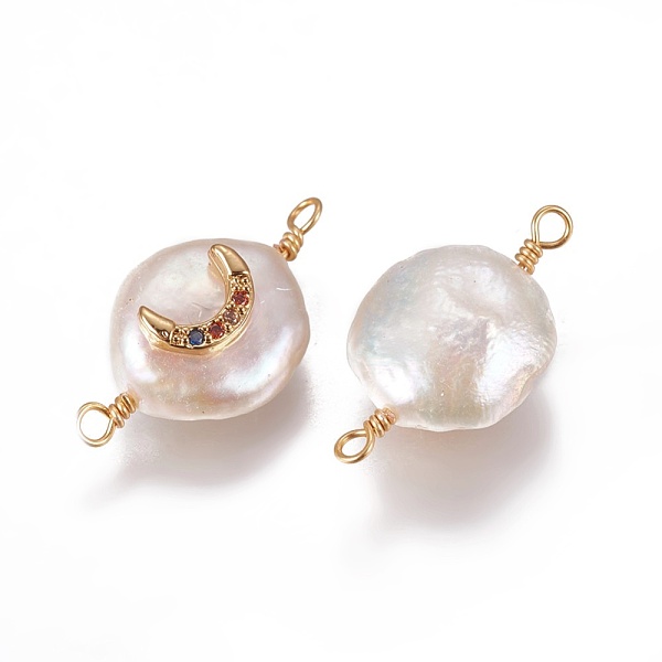 

PandaHall Natural Pearl Links connectors, with Cubic Zirconia and Brass Findings, Flat Round with Moon, Golden, Colorful, 19~23x10~12x6~9mm...