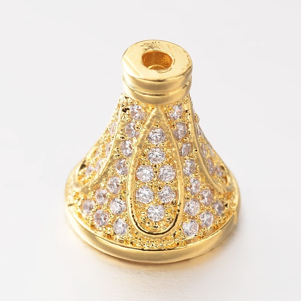 

PandaHall Brass Micro Pave Cubic Zirconia Bead Cones, Golden, 10x10mm, Hole: 1mm & 4mm Brass+Cubic Zirconia