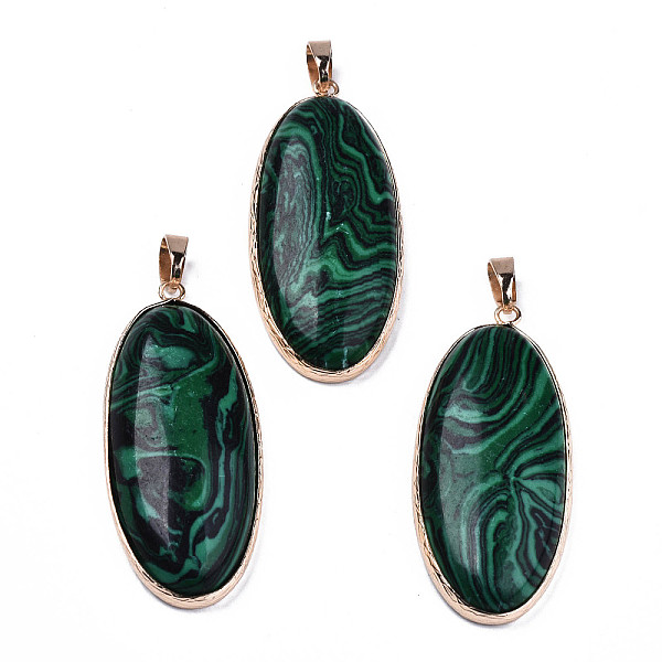

PandaHall Oval Synthetic Malachite Pendants, with Light Gold Plated Brass Bails and Edge, 52~53x23x8mm, Hole: 4~5x7~8mm Malachite Oval