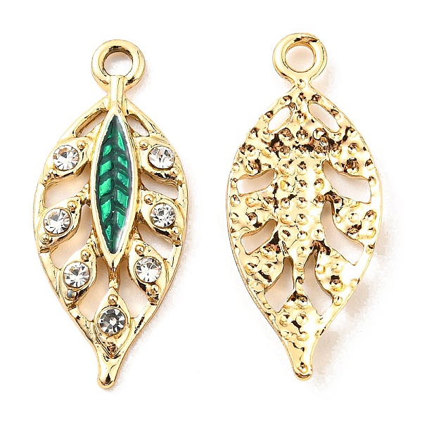 

PandaHall Zinc Alloy Pendants, with Enamel and Rhinestone, Golden, Hollow, Leaf Charm, Green, 24.5x10.5x2.2mm, Hole: 1.8mm Alloy...