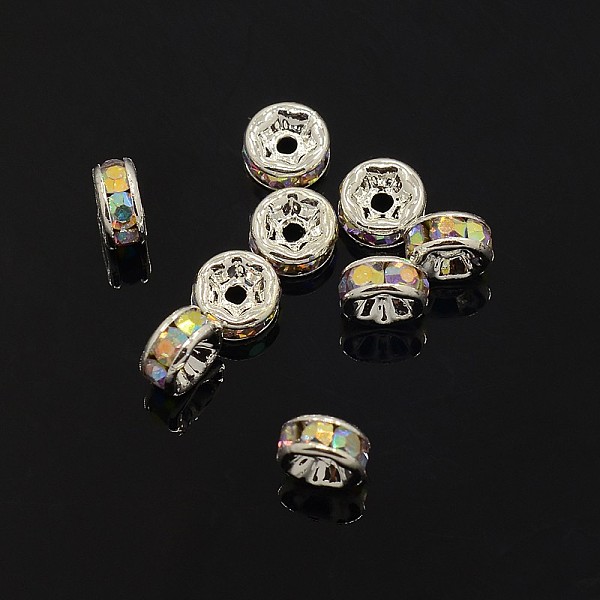

PandaHall Brass Rhinestone Spacer Beads, Grade AAA, Straight Flange, Nickel Free, Silver Color Plated, Rondelle, Crystal AB, 6x3mm, Hole..., Clear