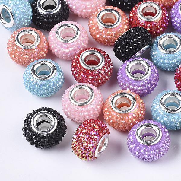 

PandaHall Opaque Resin European Beads, Large Hole Beads, Bayberry Beads, with Platinum Tone Brass Double Cores, AB Color, Rondelle, Mixed..., Multicolor