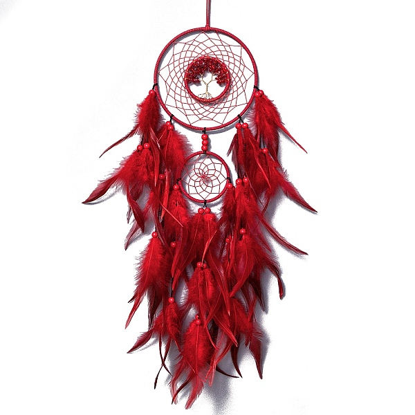 

PandaHall Iron & Glass Chips Pendant Hanging Decoration, Woven Net/Web with Feather Wall Hanging Wall Decor, Red, 730mm Feather Others Red