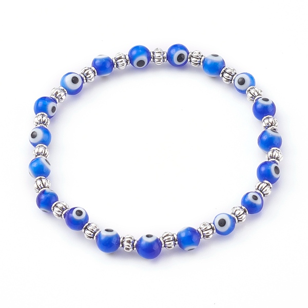 

PandaHall Handmade Round Evil Eye Lampwork Beaded Stretch Bracelets, with Alloy Spacer Beads, Antique Silver, Blue, Inner Diameter: 2 inch...