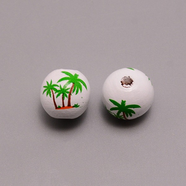 

PandaHall Spray Painted Natural Wood Beads, Round with Green Coconut Tree Pattem, White, 15.5mm, Hole: 3.5mm Wood Round White