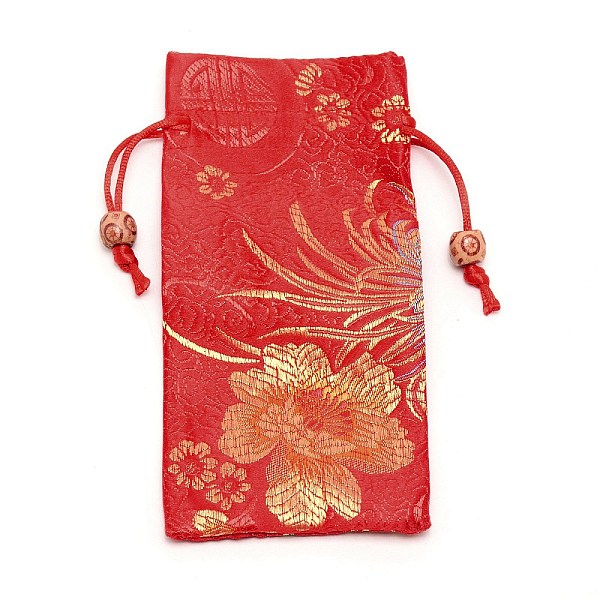 PandaHall Polyester Pouches, Drawstring Bag, with Wood Beads, Rectangle with Floral Pattern, Red, 16~17x7.8~8x0.35cm Polyester Flower Red