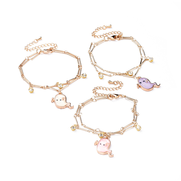 

PandaHall Brass Multi-strand Charm Bracelets, with Alloy Enamel Pendants and Brass Rhinestone Findings, Halloween Ghost, Real 18K Gold..., Multicolor