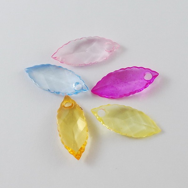 PandaHall Transparent Acrylic Pendants, Faceted, Leaf, Mixed Color, 26x11x5mm, Hole: 3mm, about 820pcs/500g Acrylic Leaf Multicolor