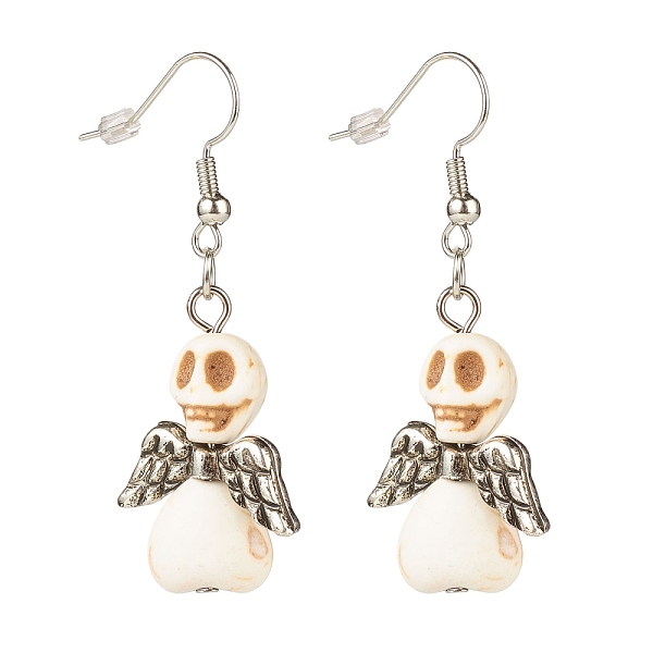 

PandaHall Synthetic Turquoise Skull with Wings Dangle Earrings, Halloween Brass Jewelry for Women, White, 50mm, Pin: 0.7mm Synthetic...