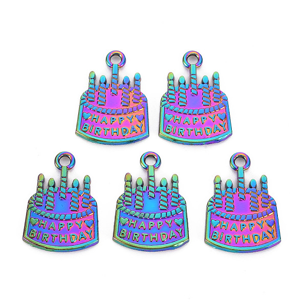 PandaHall Rainbow Color Alloy Pendants, Cadmium Free & Nickel Free & Lead Free, Cake with Happy Birthday, 22x15x1.5mm, Hole: 2mm Alloy Food