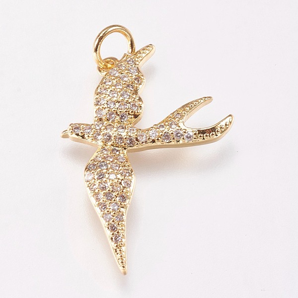 

PandaHall Brass Micro Pave Cubic Zirconia Bird Pendants, Swallow, Clear, Golden, 25x18x2mm, Hole: 1mm Brass+Cubic Zirconia Bird Clear