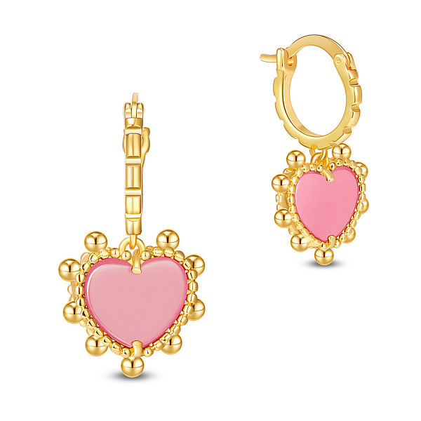 

PandaHall SHEGRACE Brass Hoop Earrings, with Natural Agate, Heart, Real 18K Gold Plated, Pink, 28mm Natural Agate Heart Pink