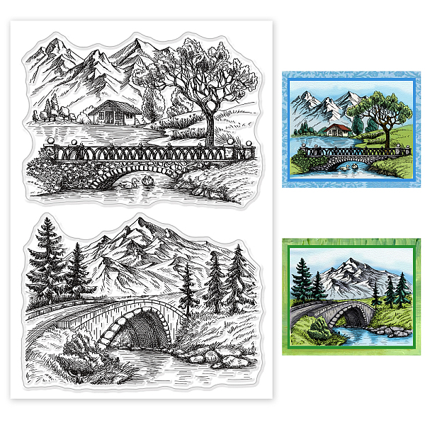 

PandaHall GLOBLELAND Realistic Landscape Background Clear Stamps Bridge River Tree Idyllic Scenery Silicone Clear Stamp Seals for Cards...