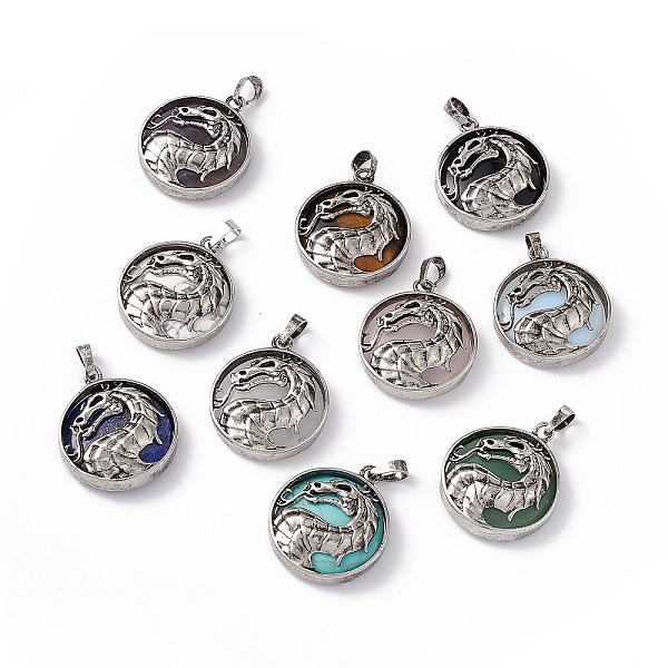 

PandaHall Natural & Synthetic Mixed Gemstone Pendants, Flat Round Charms with Rack Plating Antique Silver Tone Brass Dragon, Cadmium Free &...