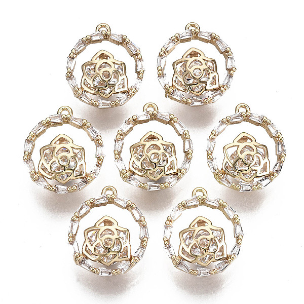 

PandaHall Brass Micro Pave Cubic Zirconia Pendants, Long-Lasting Plated, Ring with Flower, Light Gold, Clear, 15.5x13.5x7mm, Hole: 1mm...