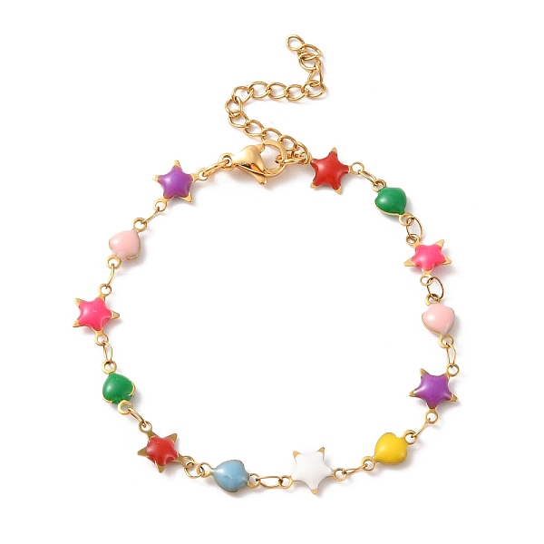 

PandaHall Enamel Star & Heart Link Chain Bracelet, Vacuum Plating 304 Stainless Steel Jewelry for Women, Colorful, 7-1/8 inch(18cm) 304..., Multicolor