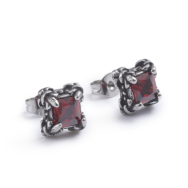 

PandaHall Retro 304 Stainless Steel Stud Earrings, with Cubic Zirconia and Ear Nuts, Square, Red, Antique Silver, 8.5x8.5mm, Pin: 0.6mm 304...