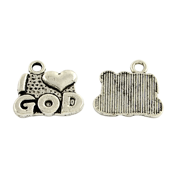 

PandaHall Tibetan Style Alloy Charms, Lead Free & Cadmium Free, Word(I Love God), Antique Silver, 13.5x15x2mm, Hole: 2mm, about 285pcs/317g...