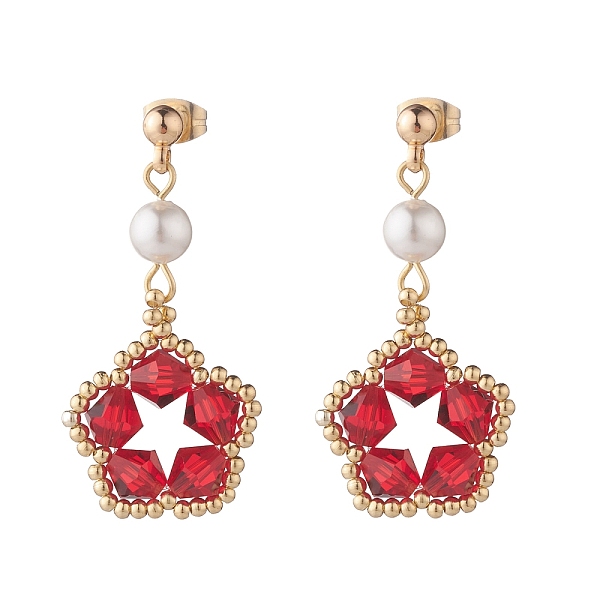 

PandaHall Pentagon and Shell Pearl Dangle Stud Earrings, Wire Wrapped Long Drop Earrings for Women, Golden, Red, 41mm, Pin: 0.8mm Shell...