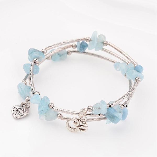 

PandaHall Three Loops Natural Aquamarine Beaded Wrap Bracelets, with Brass Tube Beads and Tibetan Style Om Symbol Pendants, 55mm Aquamarine..., Green