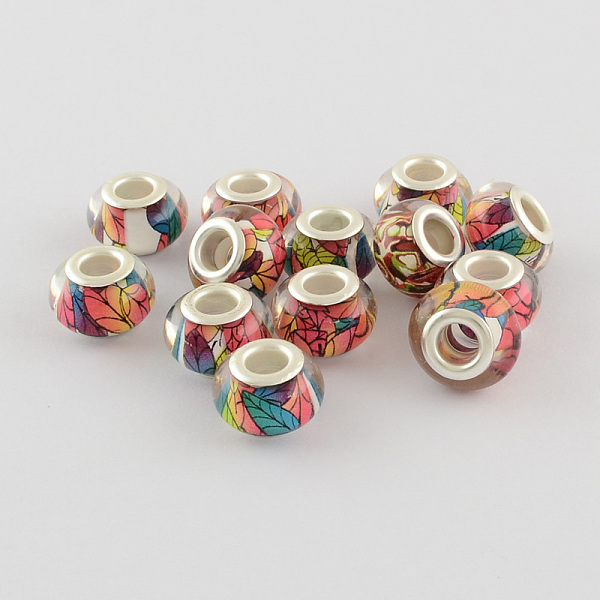 

PandaHall Large Hole Resin European Beads, with Silver Color Plated Brass Double Cores, Rondelle, Light Sea Green, 14x9mm, Hole: 5mm...