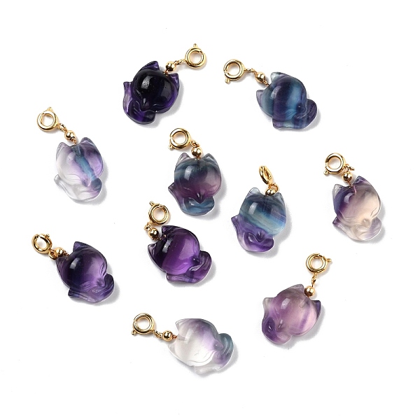 

PandaHall Natural Fluorite Carved Pendants, with Golden Plated Brass Findings, Fox, 21~22x15x6mm, Hole: 3.7mm Fluorite Fox