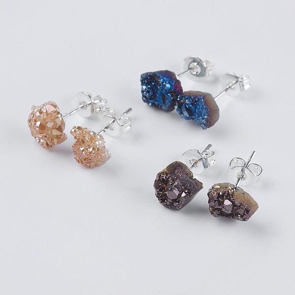 

PandaHall Brass Ear Stud Components, with Natural Druzy Agate, Nuggets, Silver Color Plated, Mixed Color, 6~9x5~8.5x3~7mm, Pin: 0.7mm..., Multicolor