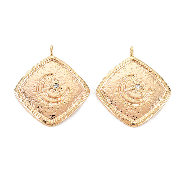 

PandaHall Brass Micro Pave Clear Cubic Zirconia Pendants, Nickel Free, Rhombus with Moon & Star, Real 18K Gold Plated, 23x20x1.5mm, Hole...