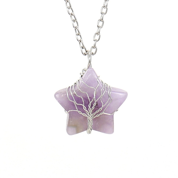 

PandaHall Natural Amethyst Star Pendant Necklace, with Platinum Alloy Chains, 20.87 inch(53cm) Amethyst Star