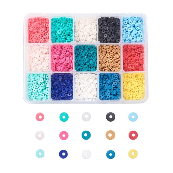 

PandaHall 15 Colors Handmade Polymer Clay Beads, Disc/Flat Round, Heishi Beads, Mixed Color, 4x1mm, Hole: 1mm, 15colors, about..., Multicolor