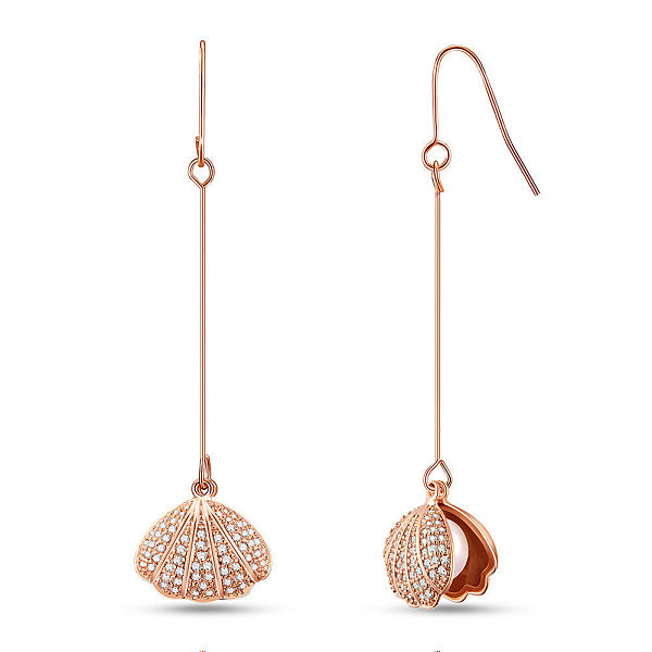 

PandaHall SHEGRACE Brass Dangle Earrings, with Cubic Zirconia and Shell Pearl, Scallop Shell Shape, Rose Gold, 50mm Brass White